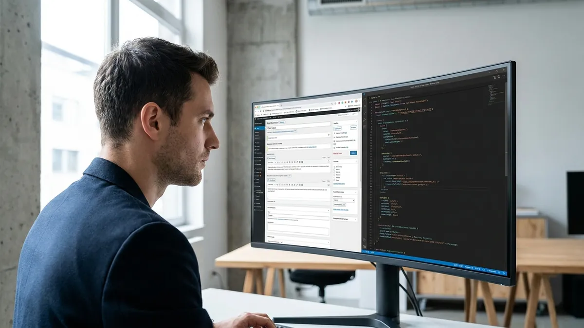 Webentwickler vergleicht ein klassisches CMS-Plugin-Dashboard mit einem modernen Framework-Code-Editor auf einem geteilten Monitor