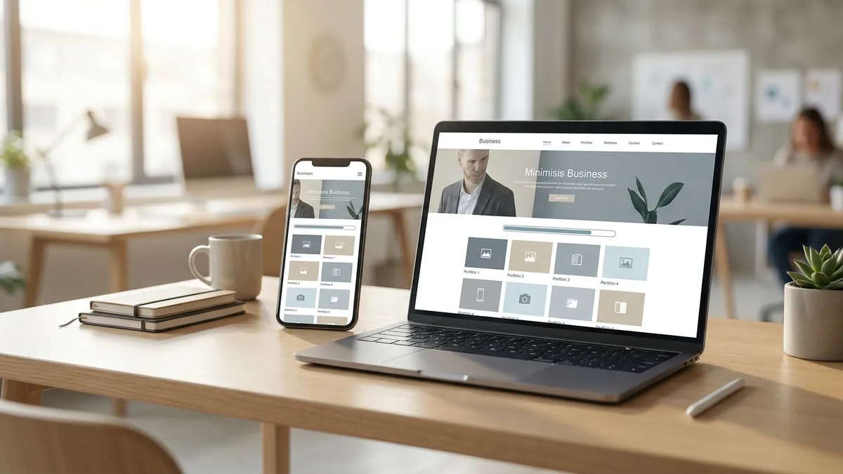 Schnell ladende, responsive Unternehmenswebsite auf Laptop und Smartphone als Ergebnis eines modernen Frameworks