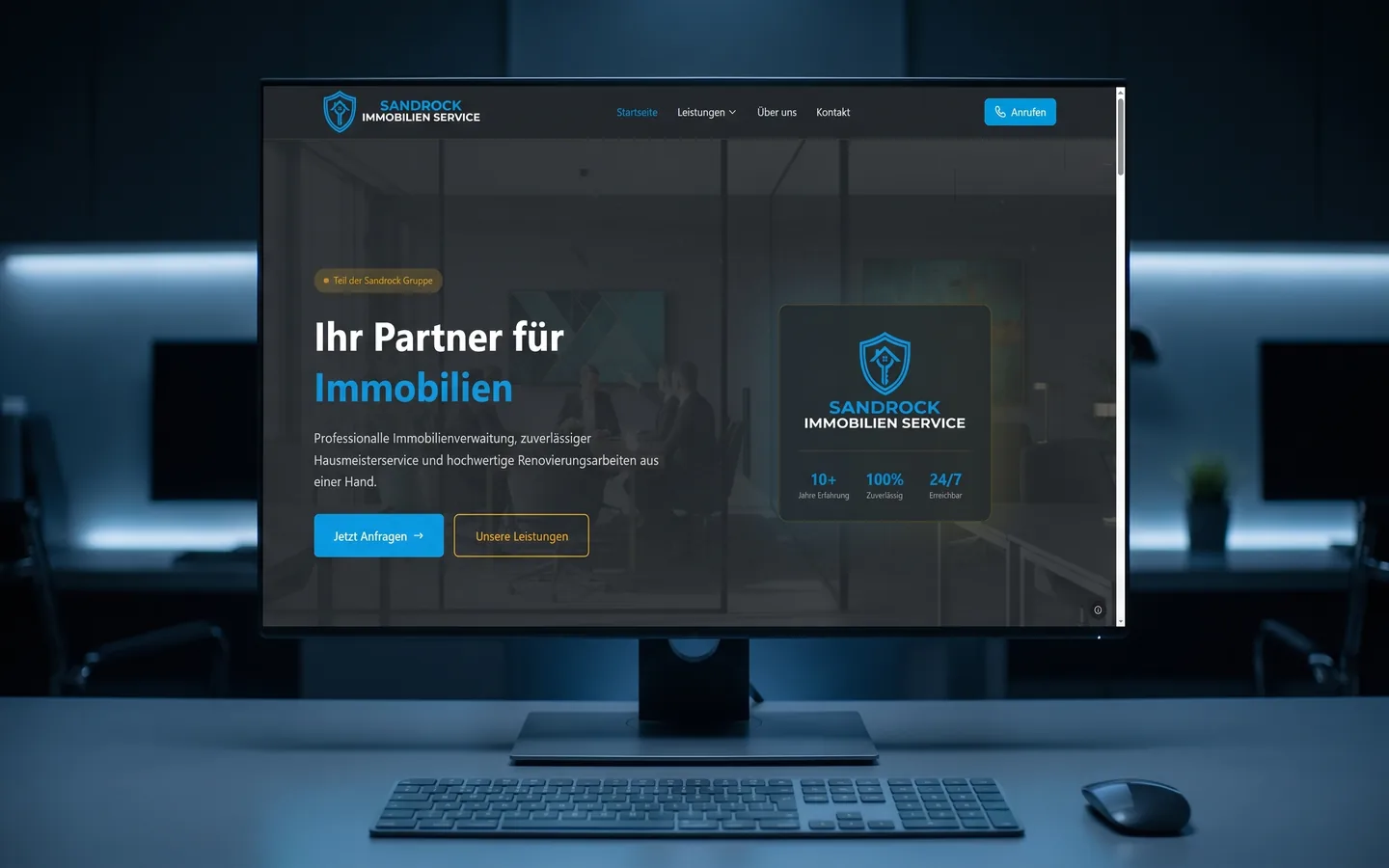Sandrock Immobilien Website - Startseite mit den drei Leistungssäulen