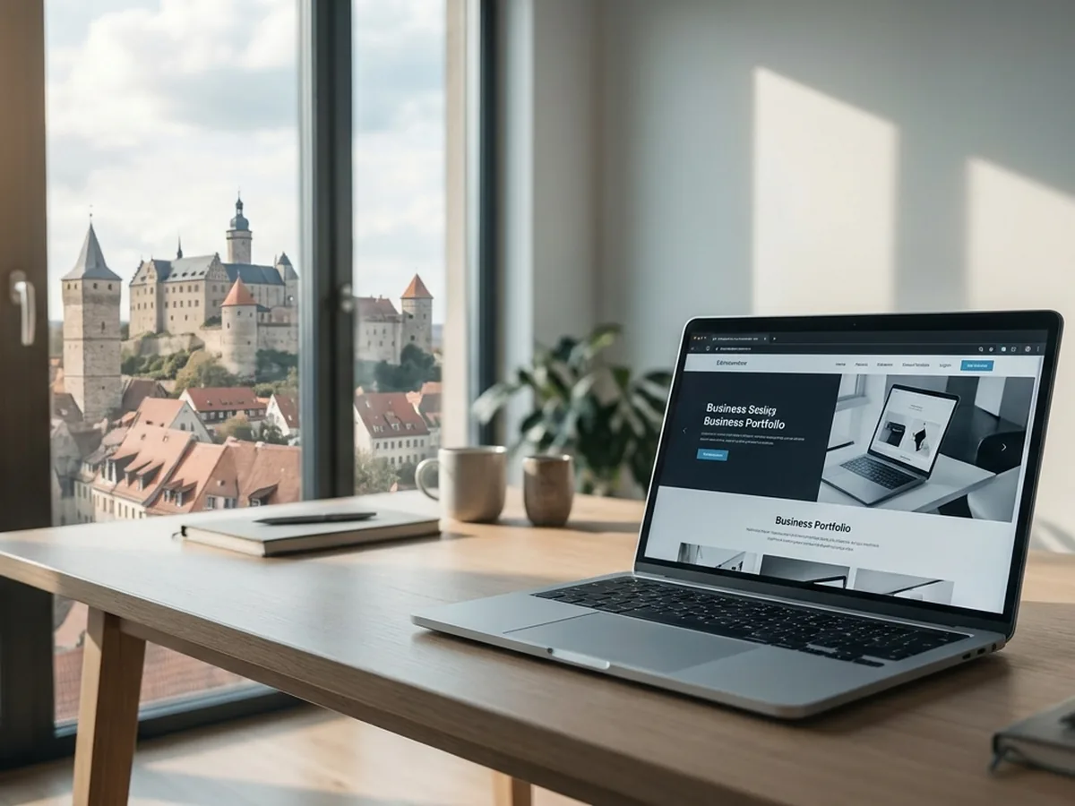 Moderner Arbeitsplatz mit Blick auf das Residenzschloss über der Skatstadt Altenburg