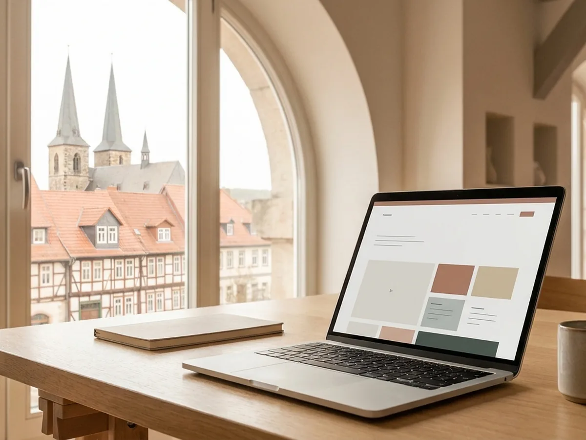 Moderner Arbeitsplatz mit Blick auf die historische Altstadt der Bachstadt Arnstadt