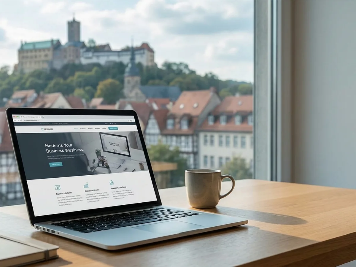 Moderner Arbeitsplatz mit Blick auf die Wartburg über der Stadt Eisenach