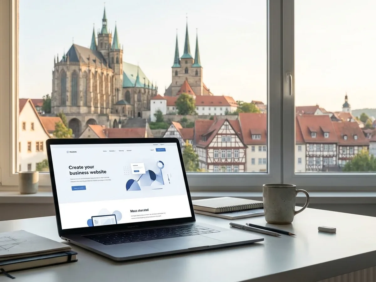 Moderner Arbeitsplatz mit Blick auf die Erfurter Altstadt mit Dom und Krämerbrücke