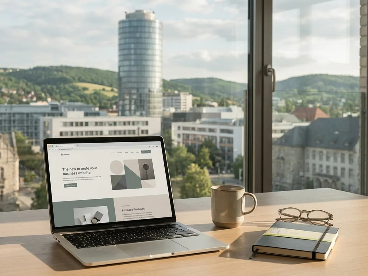 Moderner, technologieaffiner Arbeitsplatz mit Blick auf Jena mit dem JenTower