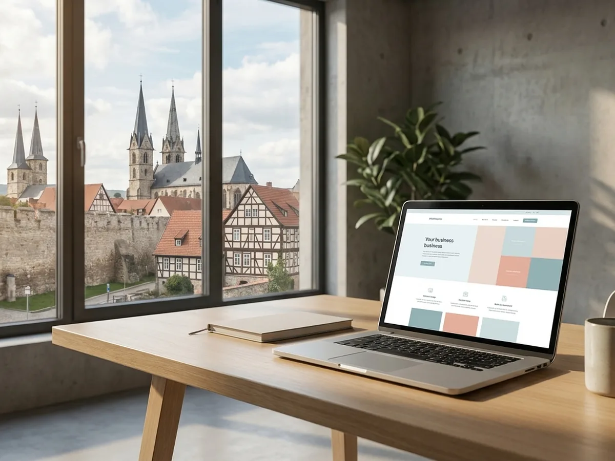 Moderner Arbeitsplatz mit Blick auf die historische Altstadt und Stadtmauer von Mühlhausen