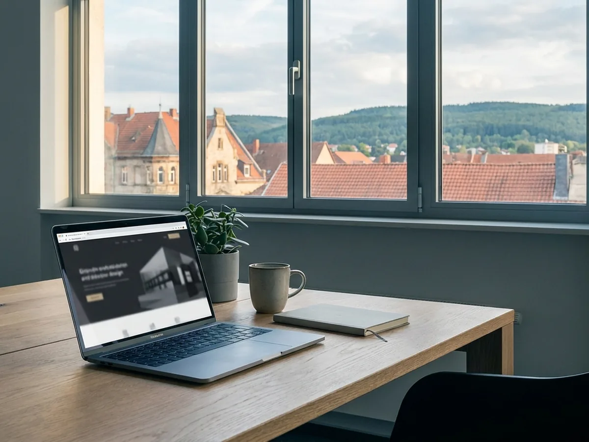 Moderner Arbeitsplatz mit Blick auf die Stadt Nordhausen am Südrand des Harzes