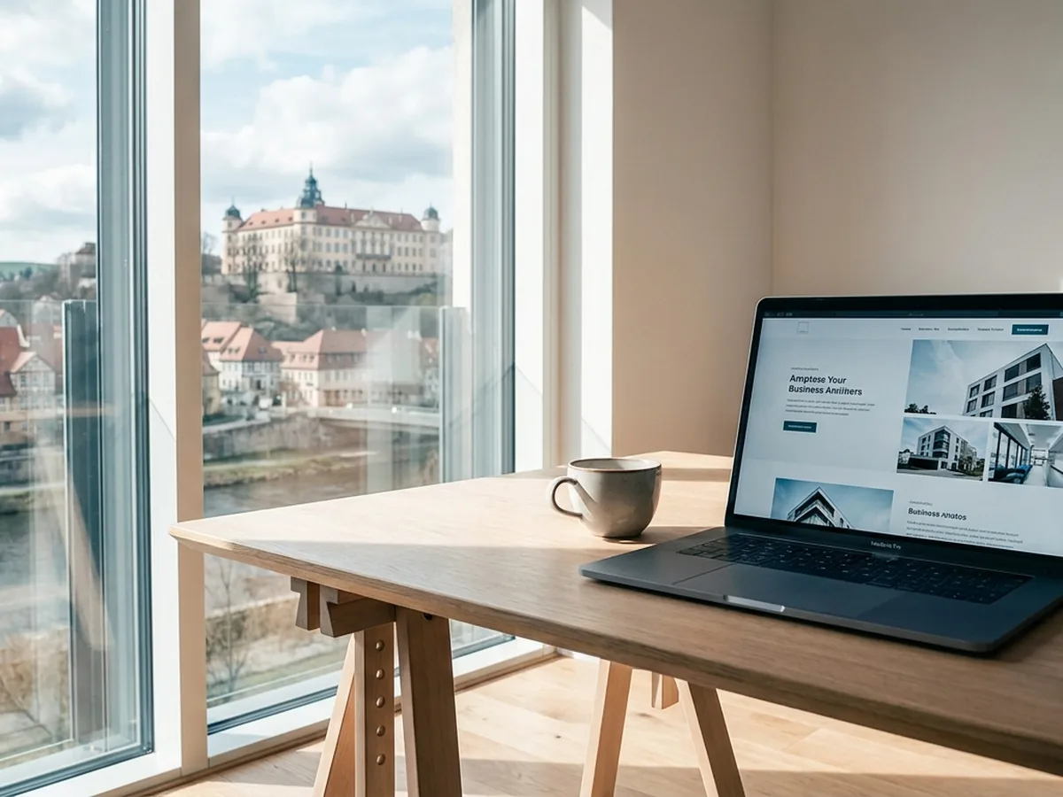 Moderner Arbeitsplatz mit Blick auf die Heidecksburg über der Stadt Rudolstadt im Saaletal