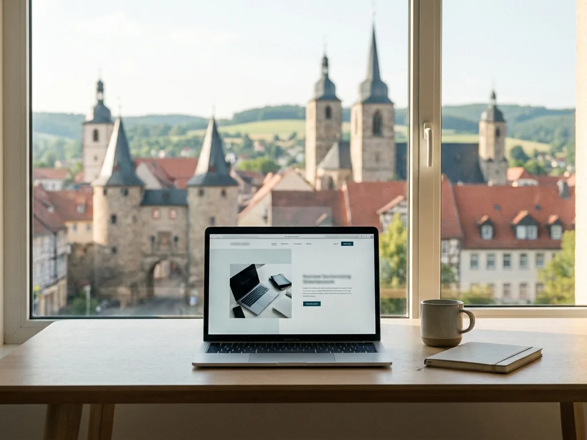 Moderner Arbeitsplatz mit Blick auf die historische Altstadt von Saalfeld an der Saale