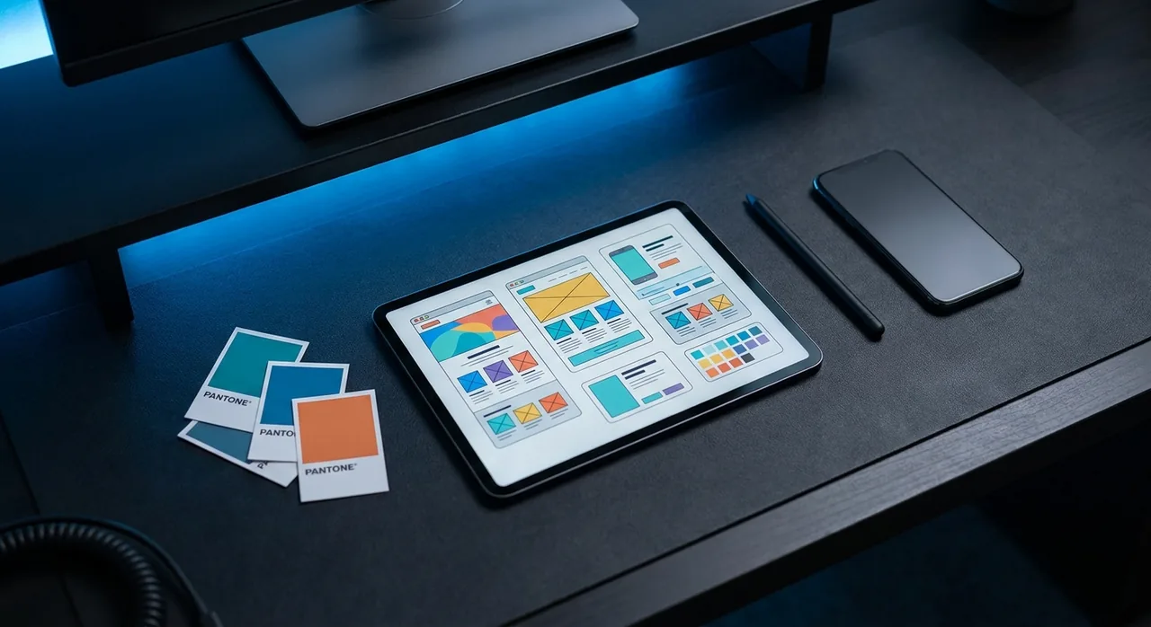 Web design process: wireframes and colour concept on a tablet